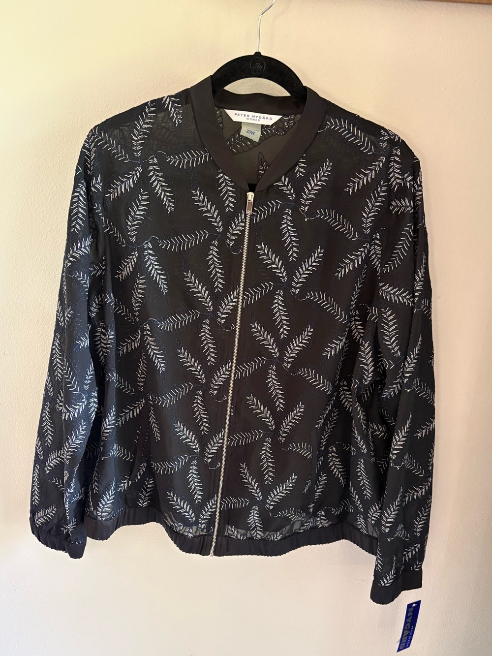 Peter Nygard Black Bomber Jacket with Light Silver Leaf Print
